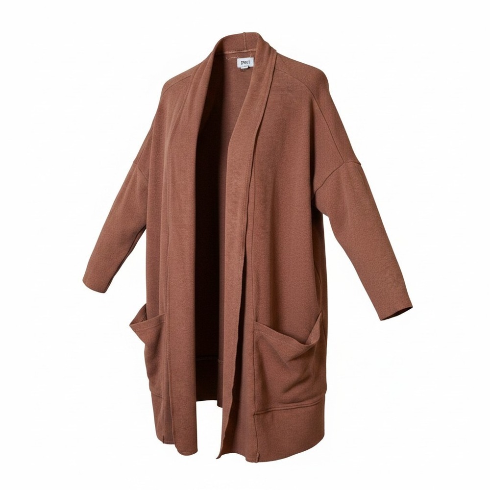 Pact Women Cardigan XS/S Brown Organic Cotton Open Front Pocket Minimalist Boho